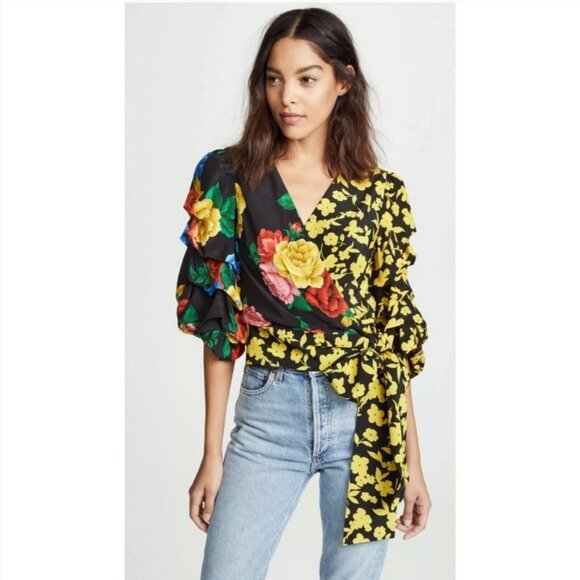 Alice + Olivia Dominica Floral Reversible Tuck-Sleeve Wrap Top Size Medium - Picture 5 of 16